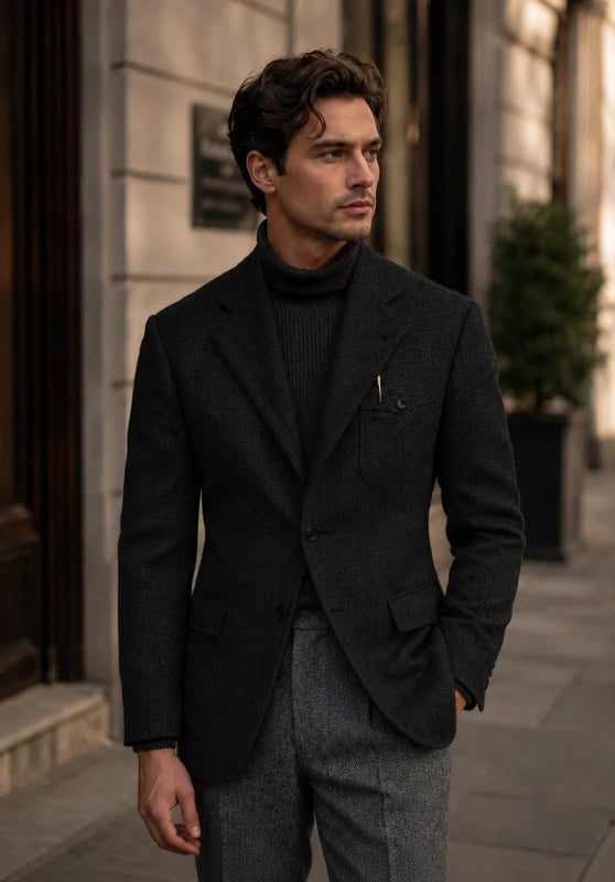 Men's herringbone tweed blazer, black wool-blend fabric slim-fit front view with 2-button closure