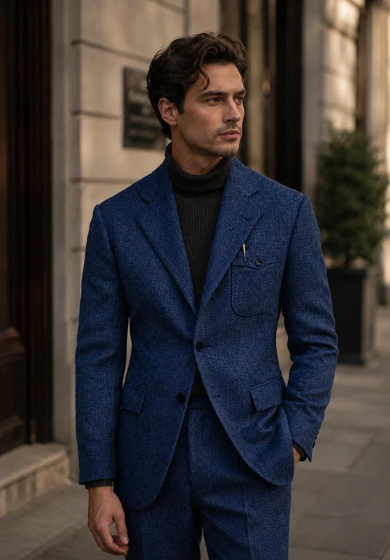Men's herringbone tweed blazer, blue wool-blend fabric slim-fit close-up fabric and pocket detail