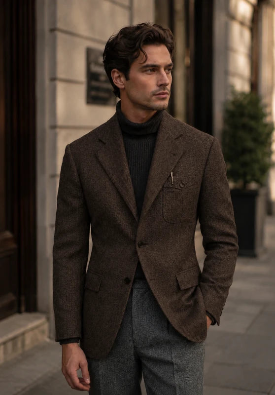 Men's herringbone tweed blazer, brown wool-blend fabric slim-fit back view with structured silhouette