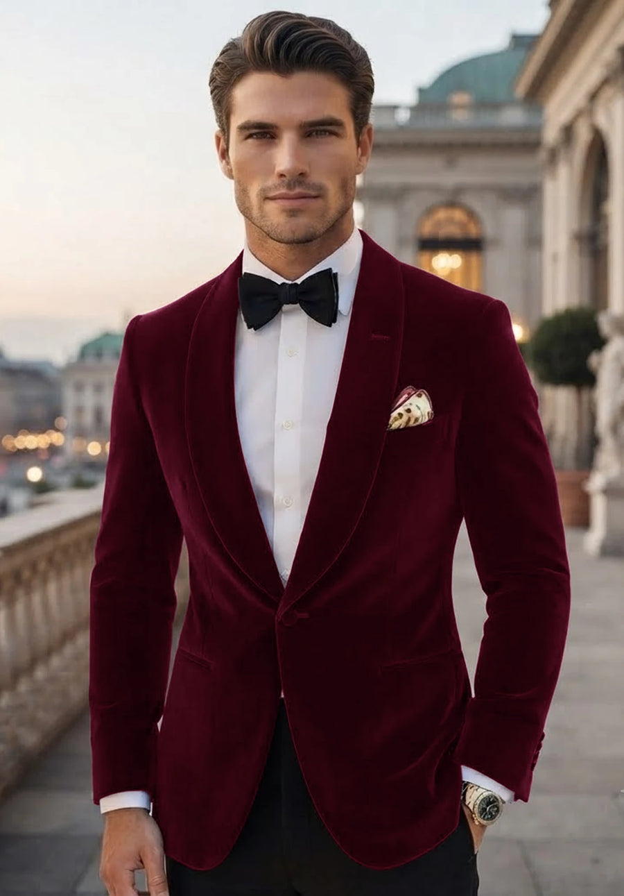 Men's burgundy velvet jacket