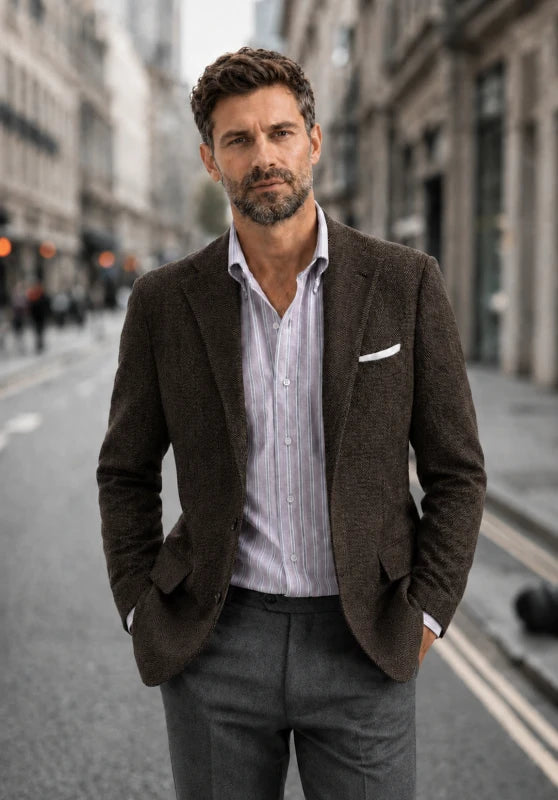 Men's tweed blazer, camel textured tweed slim-fit close-up fabric and pocket detail
