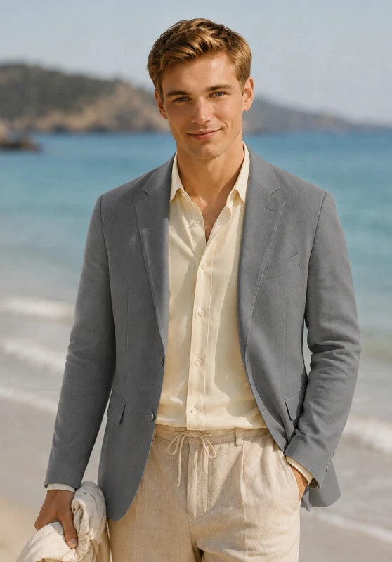Men's linen sport coat, dark grey linen fabric classic-fit close-up fabric and pocket detail