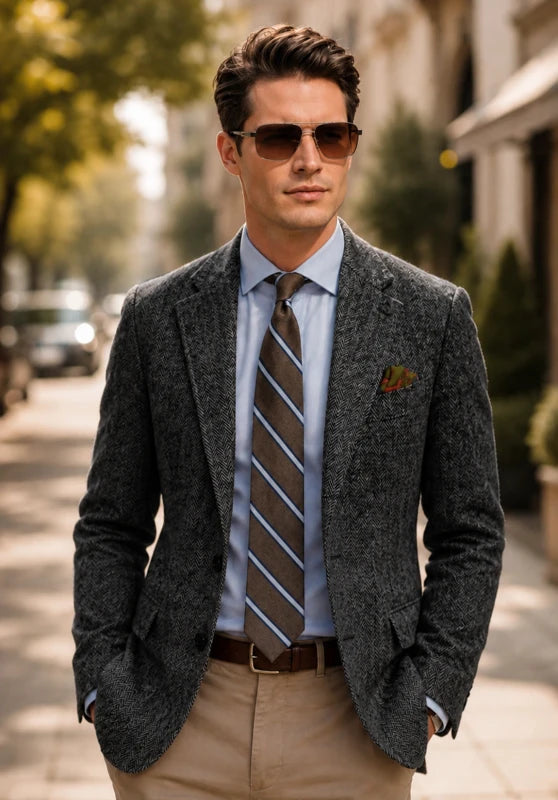 Men's herringbone tweed blazer, dark grey wool-blend fabric classic-fit front view with 2-button closure