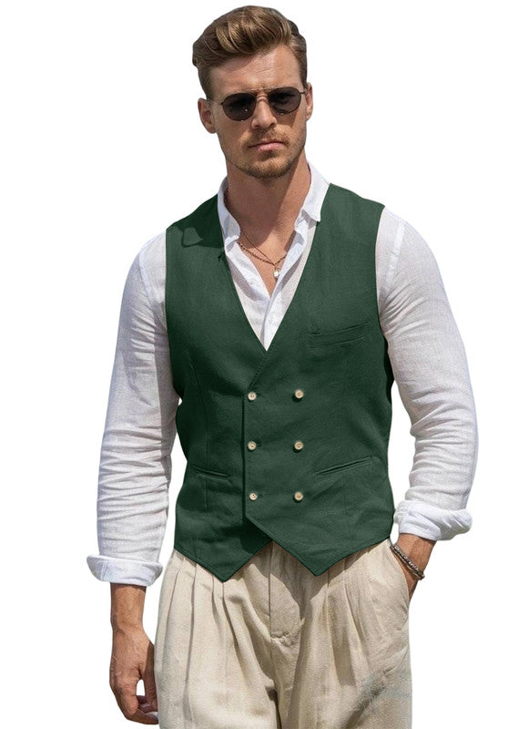Mens Linen Suit Vest- Slim Fit Casual Dress Waistcoat