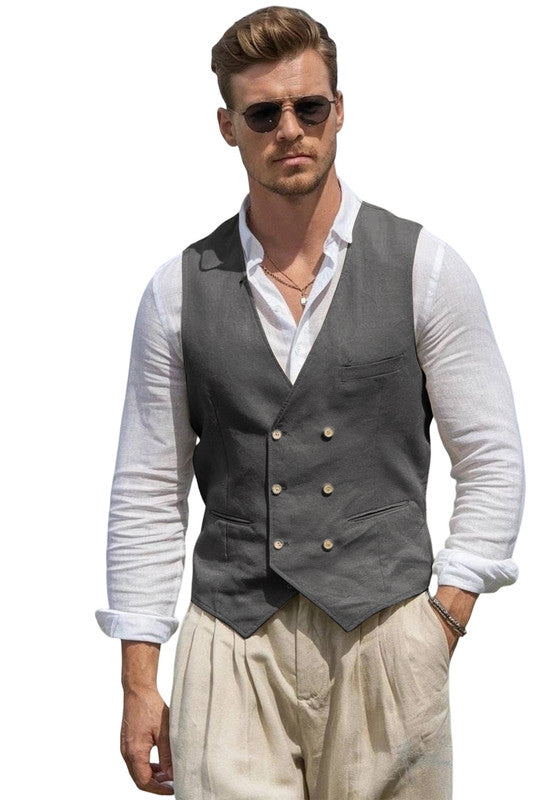 Mens Linen Suit Vest- Slim Fit Casual Dress Waistcoat