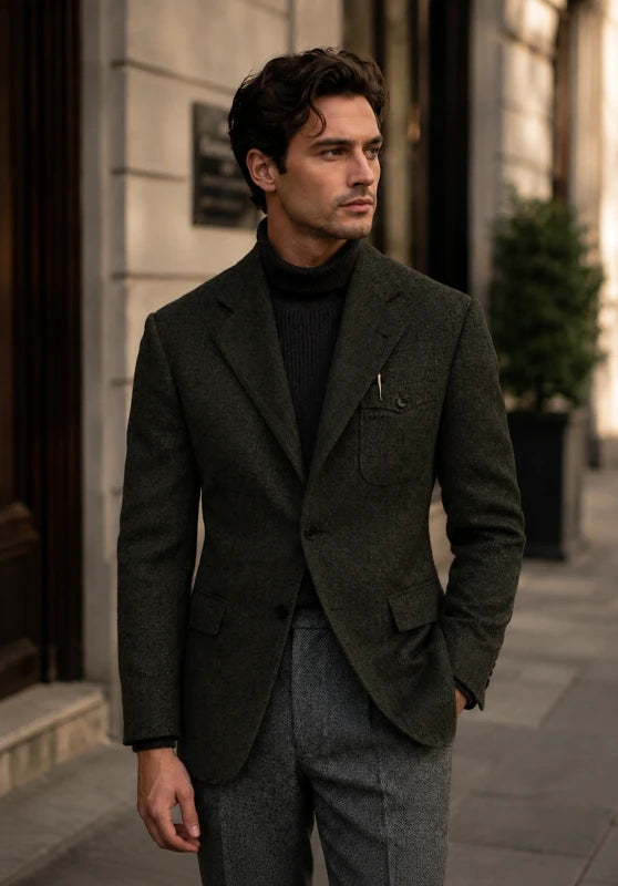 Men's herringbone tweed blazer, green wool-blend fabric slim-fit close-up fabric and pocket detail