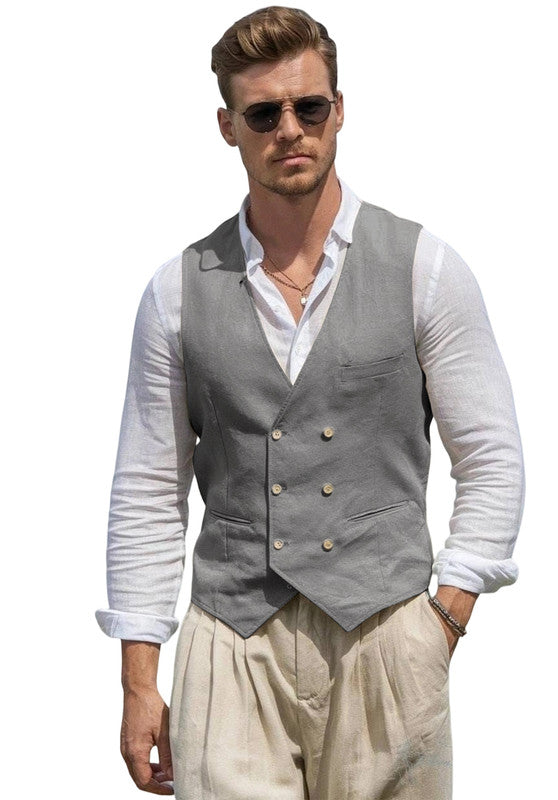 Mens Linen Suit Vest- Slim Fit Casual Dress Waistcoat