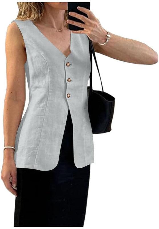 Women's Linen Vest Grey Front View