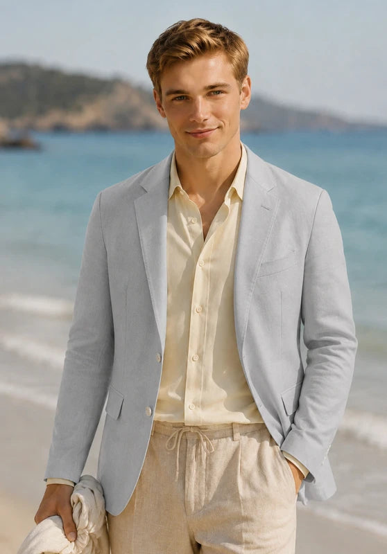 Men's linen sport coat, grey linen fabric classic-fit close-up fabric and pocket detail