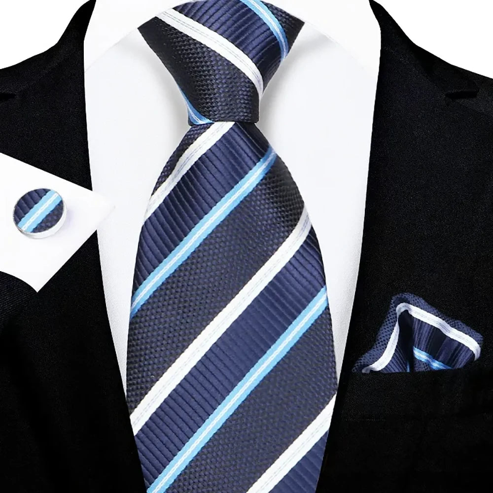 Men's Navy Blue Striped Tie Set with Pocket Square & Cufflinks