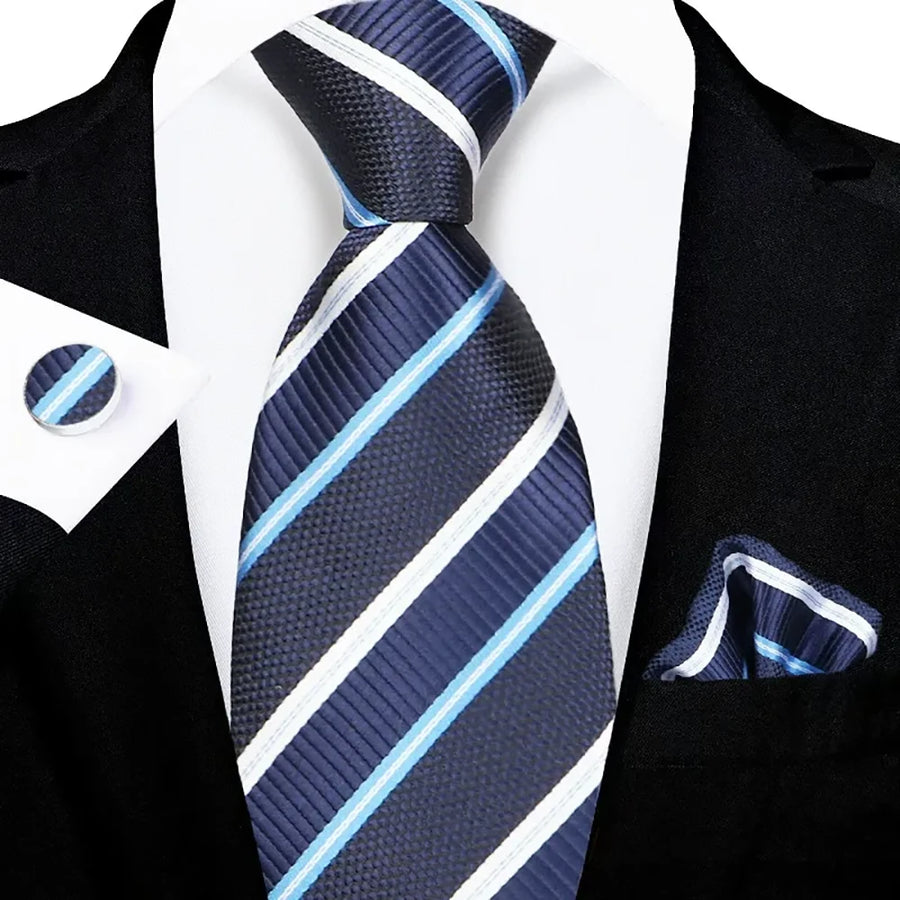 Men's Navy Blue Striped Tie Set with Pocket Square & Cufflinks