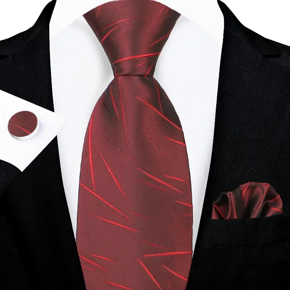 Men's Burgundy Textured Stripe Tie Set with Pocket Square & Cufflinks