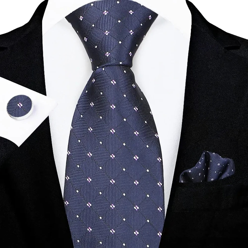 Men's Navy Blue Polka Dot Tie Set with Pocket Square & Cufflinks