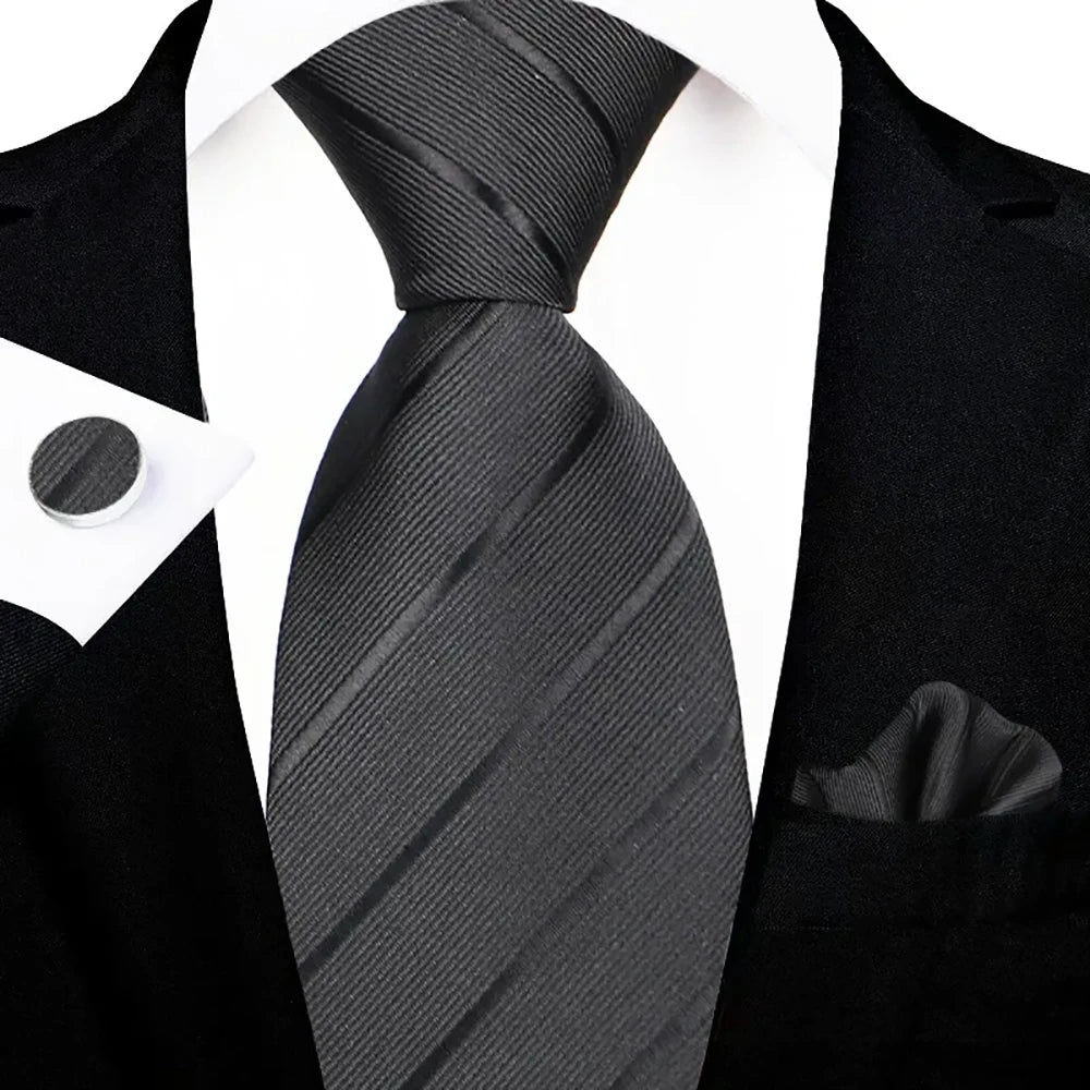 Men's Charcoal Gray Diagonal Stripe Tie Set with Pocket Square & Cufflinks