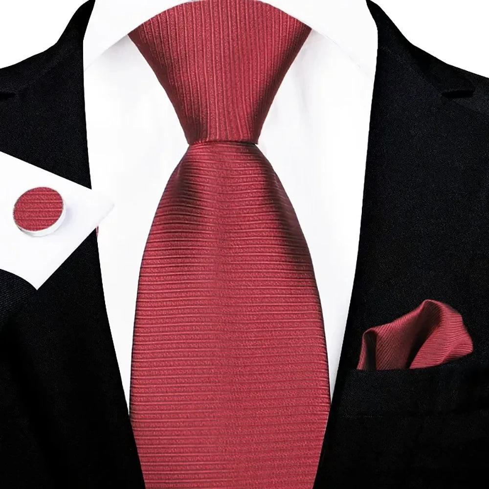 Men's Burgundy Solid Textured Tie Set with Pocket Square & Cufflinks