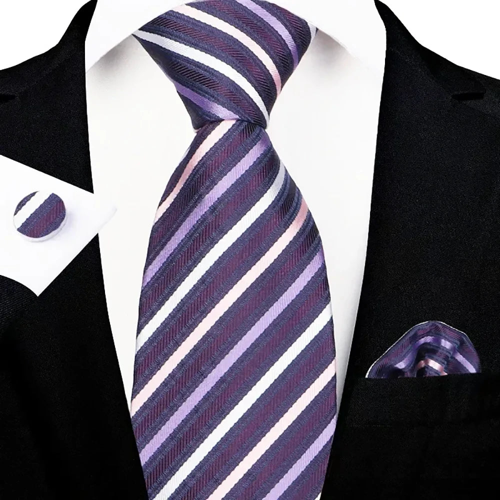 Men's Purple Silver Striped Tie Set with Pocket Square & Cufflinks