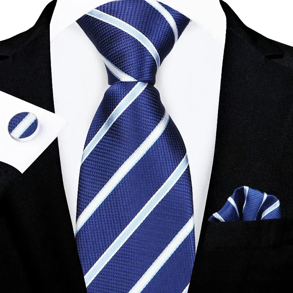 Men's Blue White Striped Tie Set with Pocket Square & Cufflinks