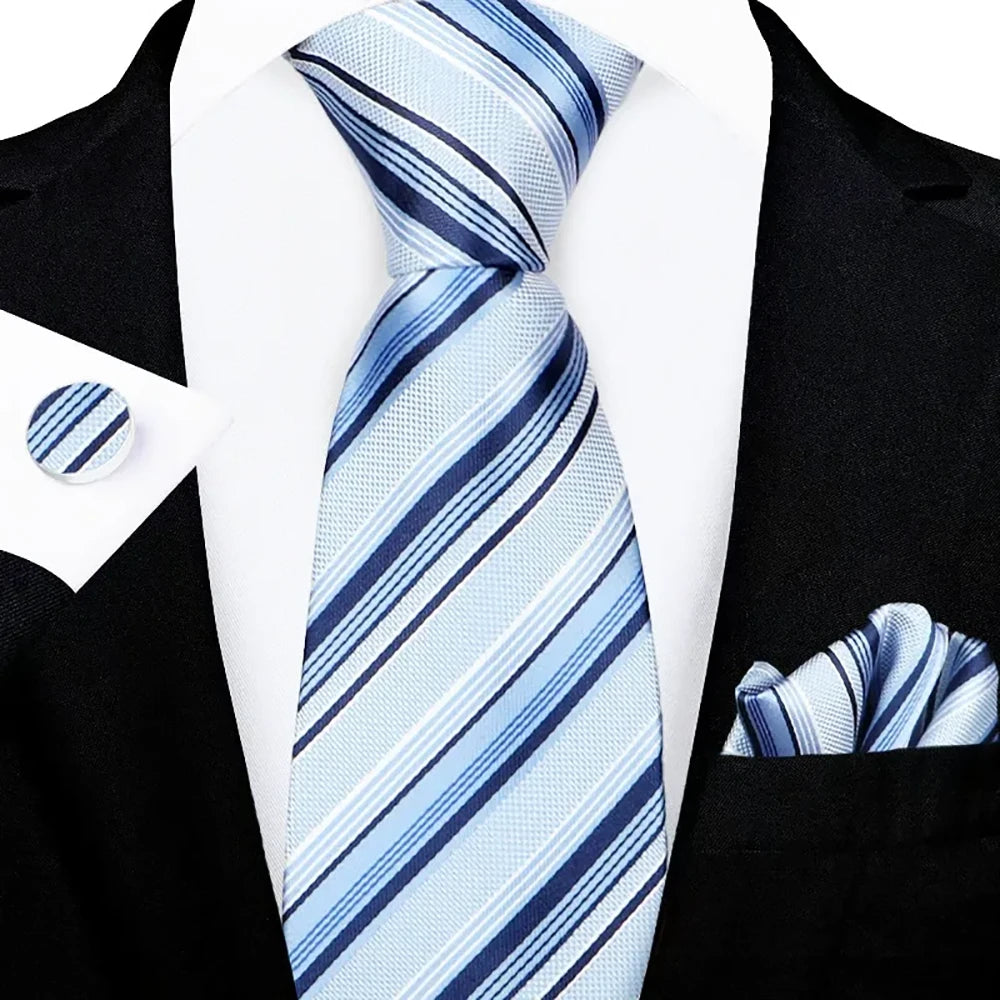 Men's Light Blue Striped Tie Set with Pocket Square & Cufflinks