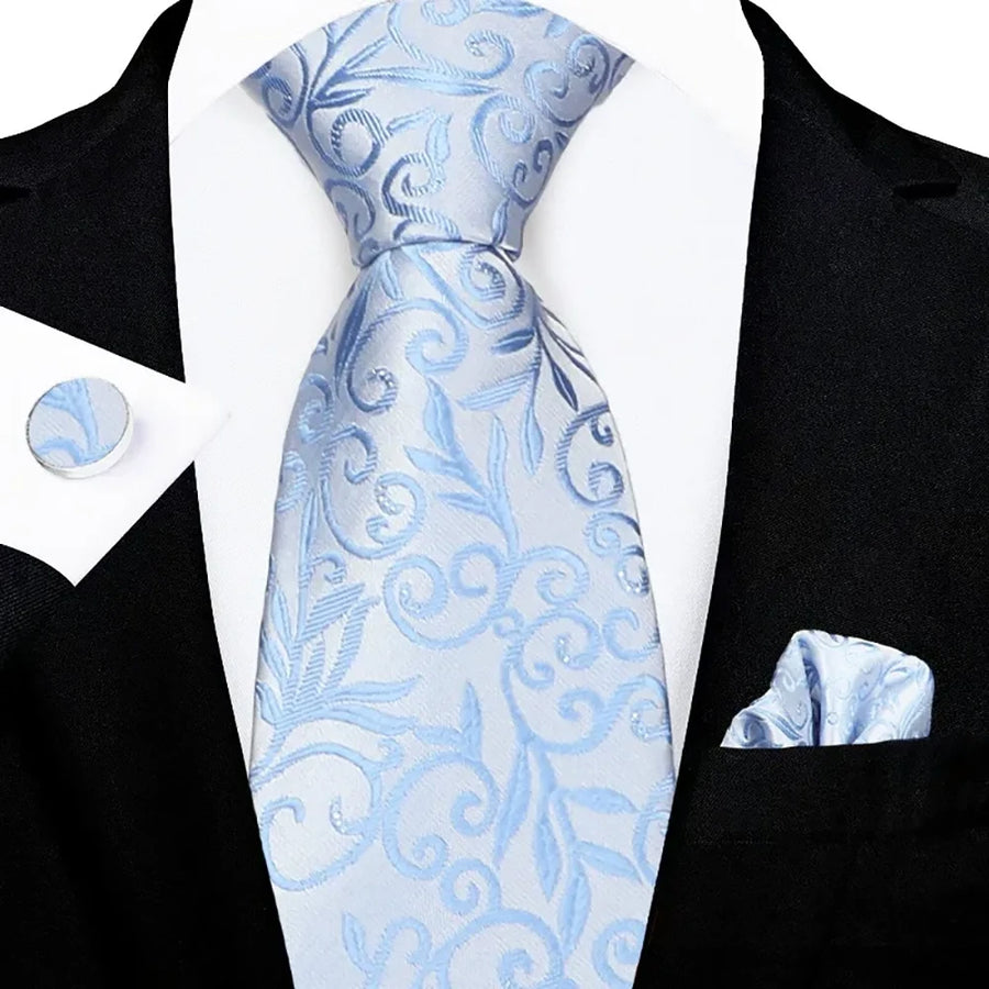 Men's Ice Blue Paisley Tie Set with Pocket Square & Cufflinks