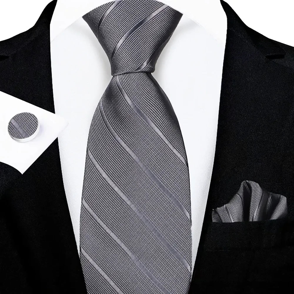Men's Silver Gray Striped Tie Set with Pocket Square & Cufflinks