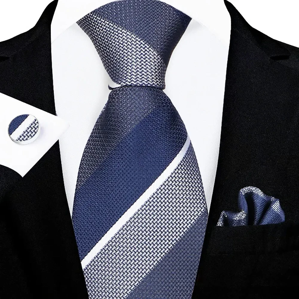 Men's Navy Blue Silver Striped Tie Set with Pocket Square & Cufflinks