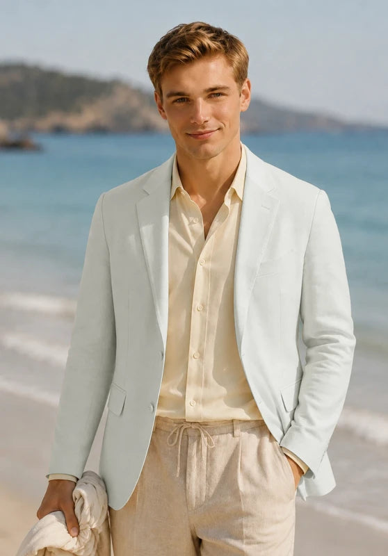 Men's linen sport coat, ivory linen fabric classic-fit close-up fabric and pocket detail
