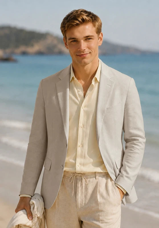 Men's linen sport coat, khaki linen fabric classic-fit close-up fabric and pocket detail