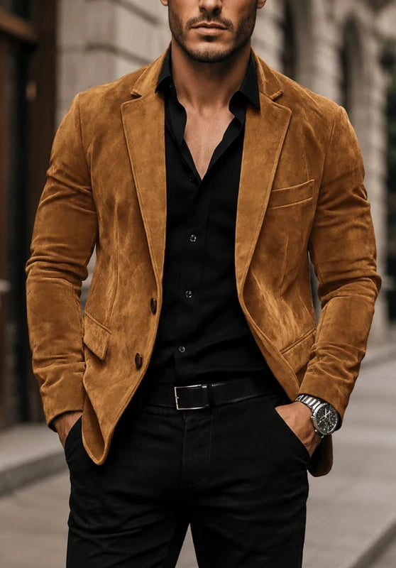 Men's suede blazer, khaki soft suede slim-fit front view with 2-button closure
