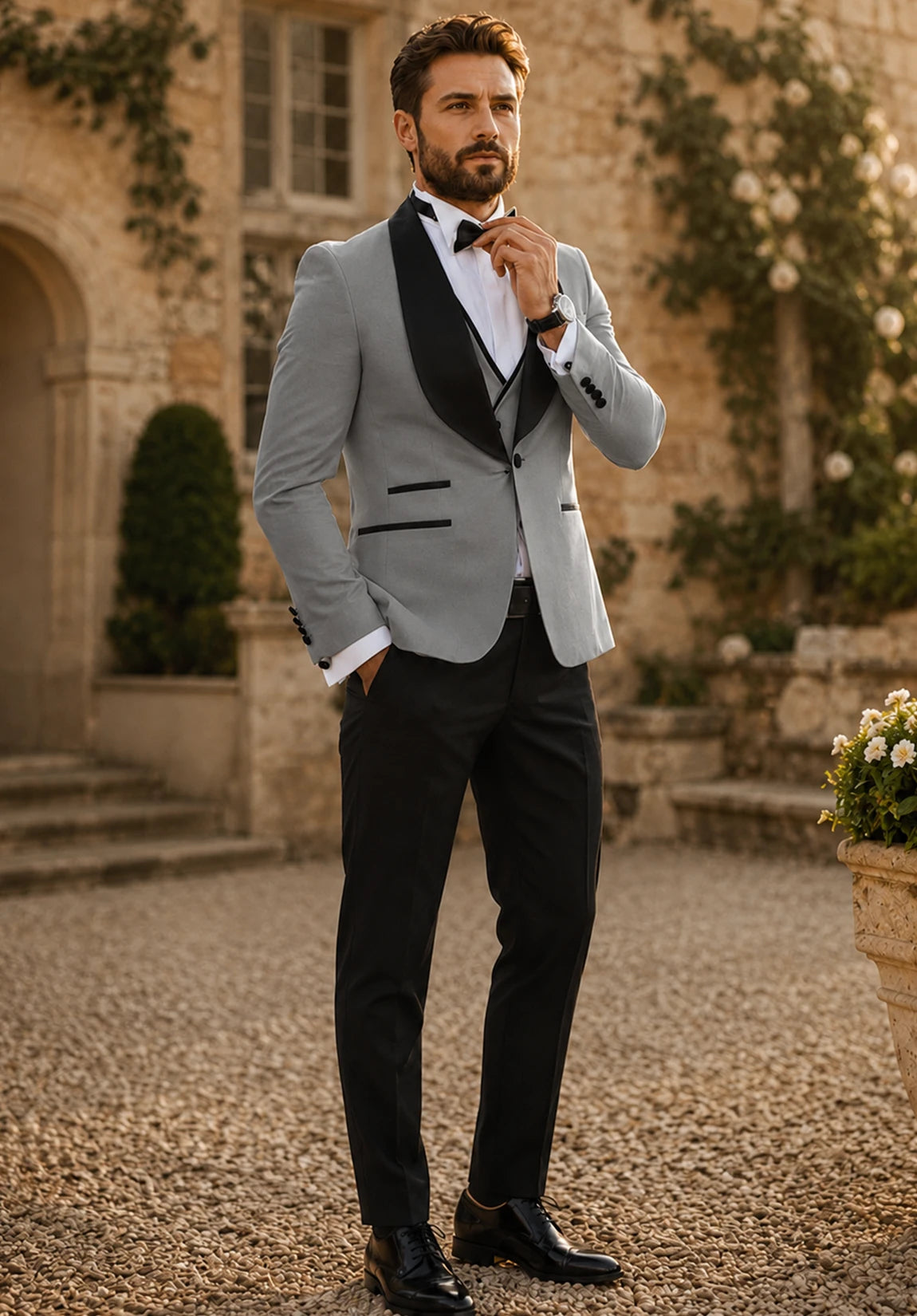 Men's Slim Fit Shawl Collar 3 Piece Suit for Business