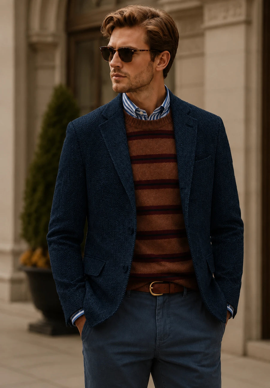 Men's Slim Fit Textured Herringbone Blazer for Smart Casual