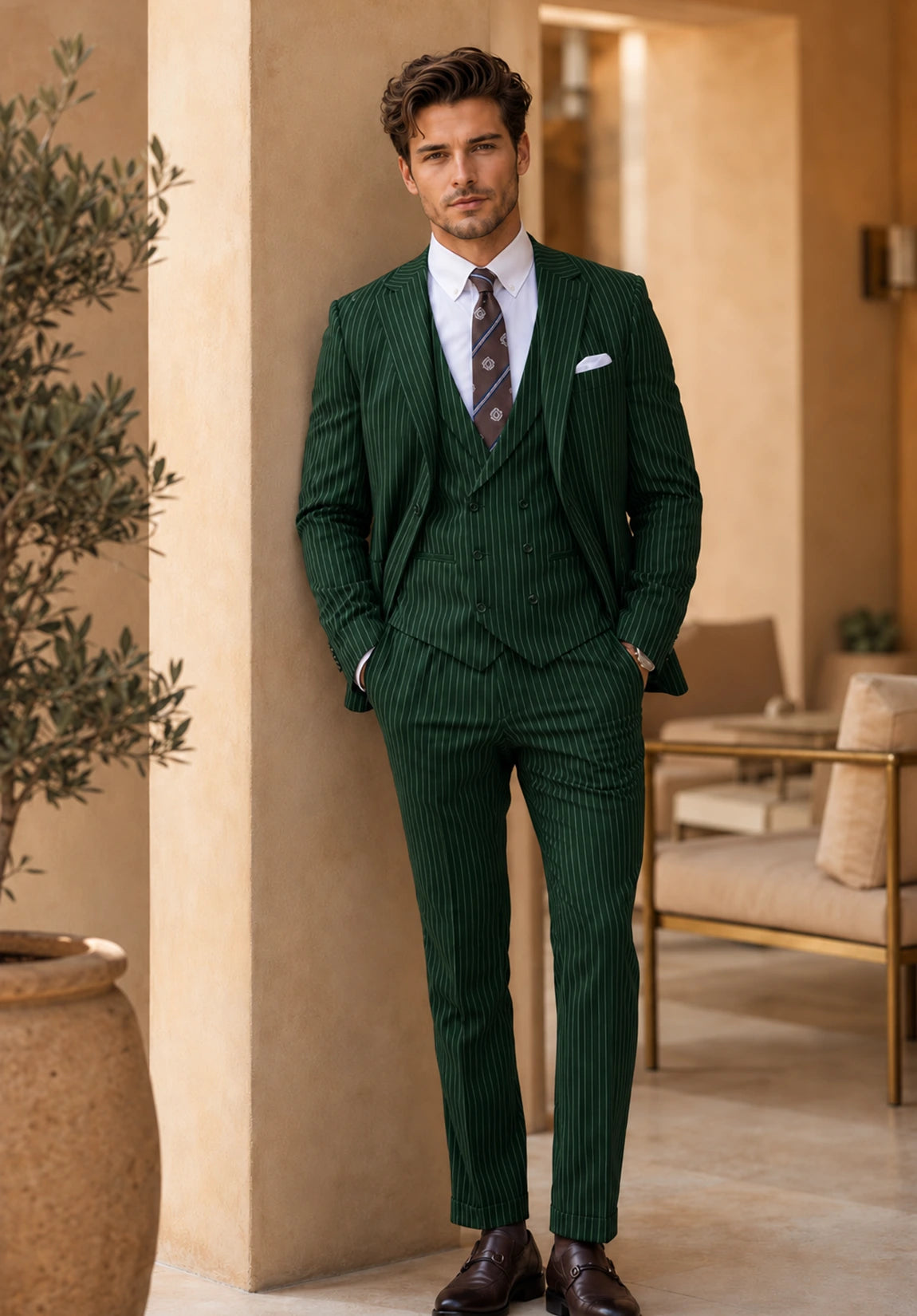 Men's Regular Fit Stripe 3 Piece Suit for Business