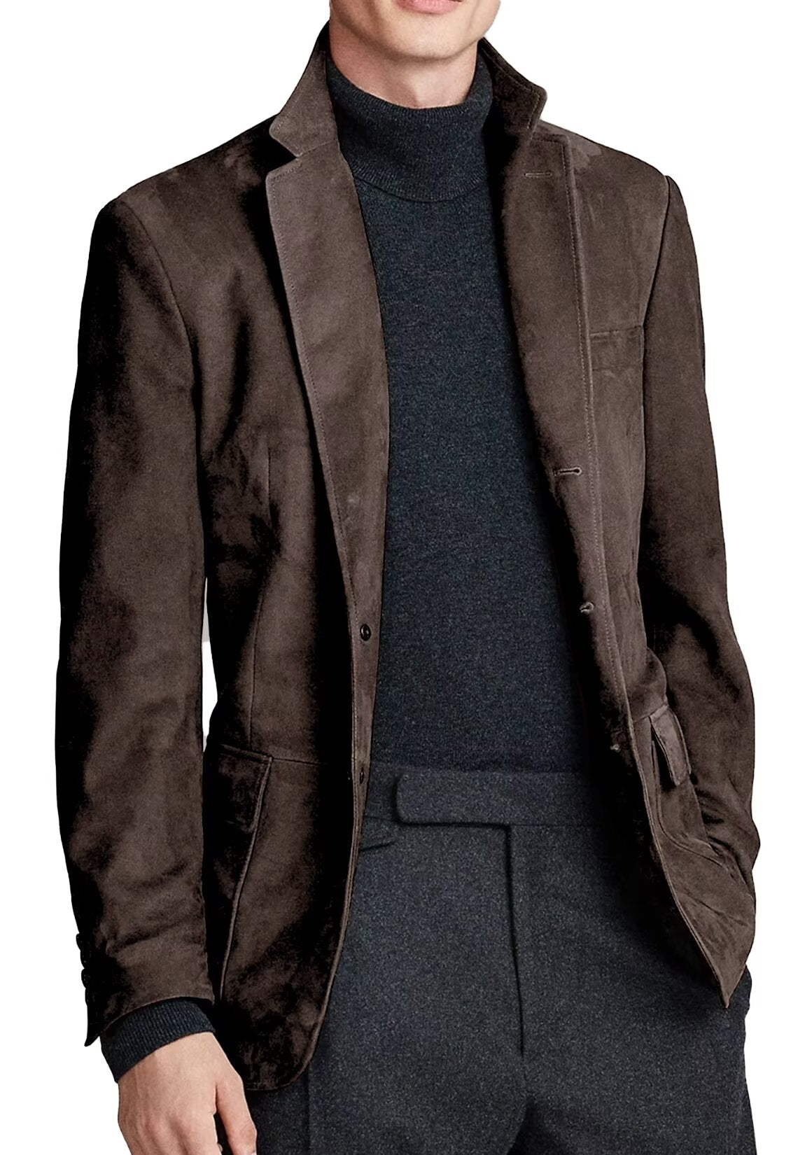Front view of men's suede blazer in brown