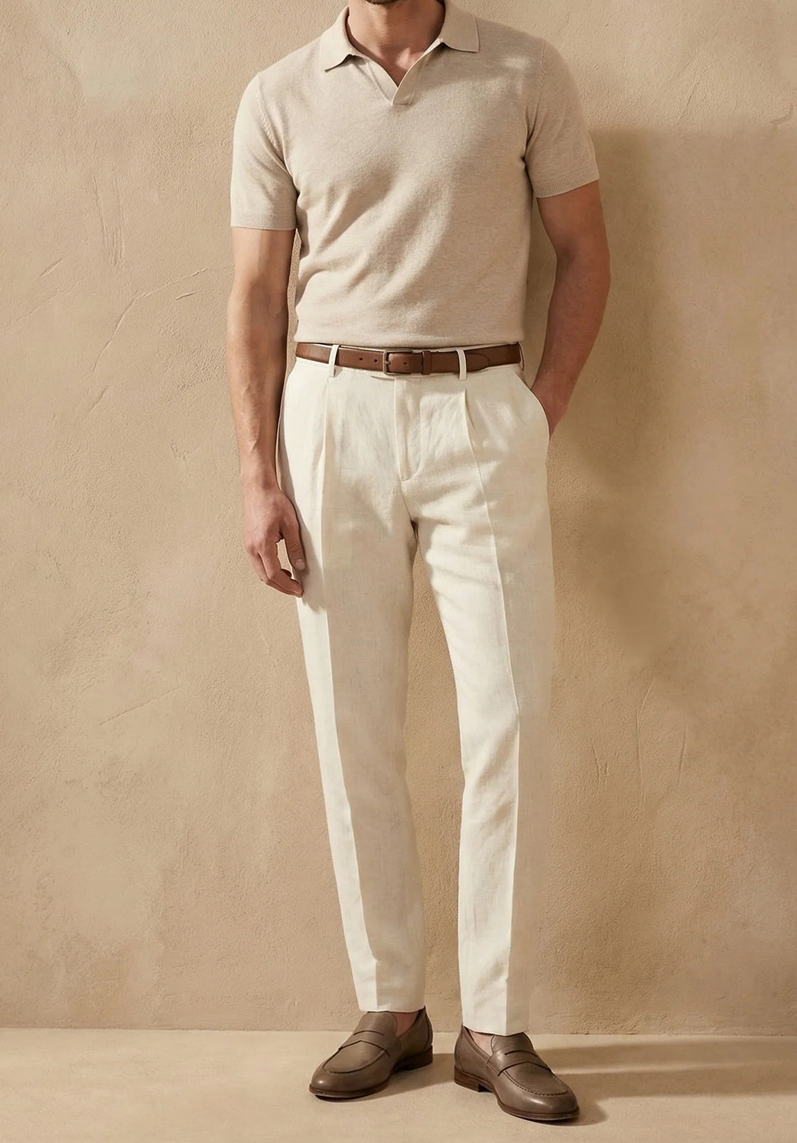 men beige pants slim fit front view modern business outfit