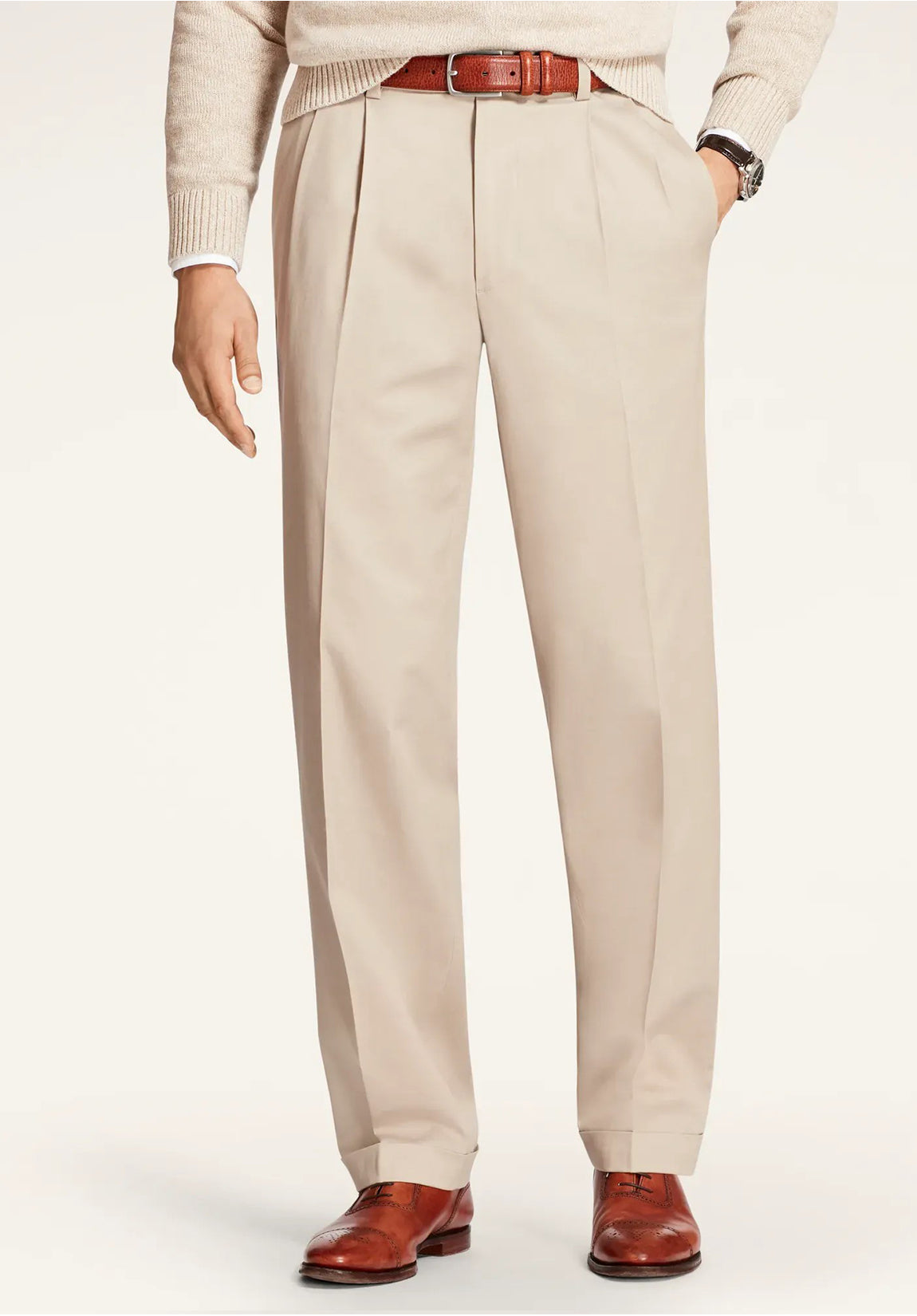men khaki dress pants front view tailored fit