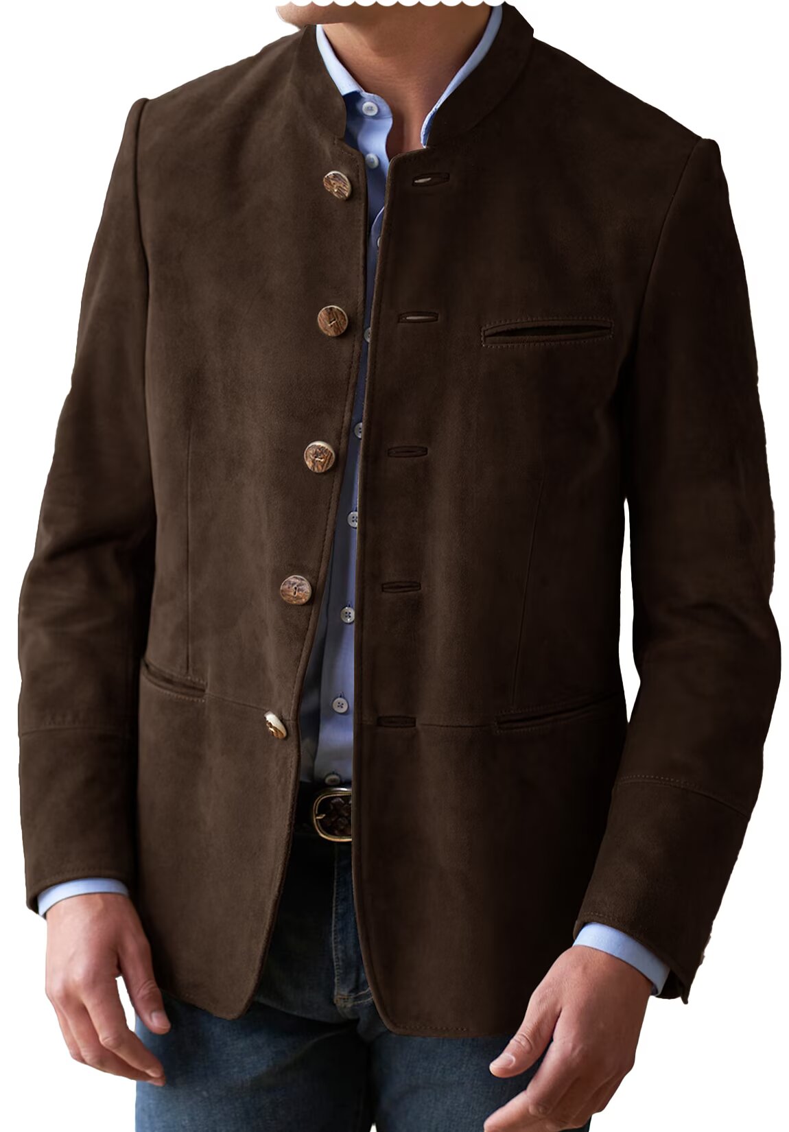 Front view of men's suede blazer in brown