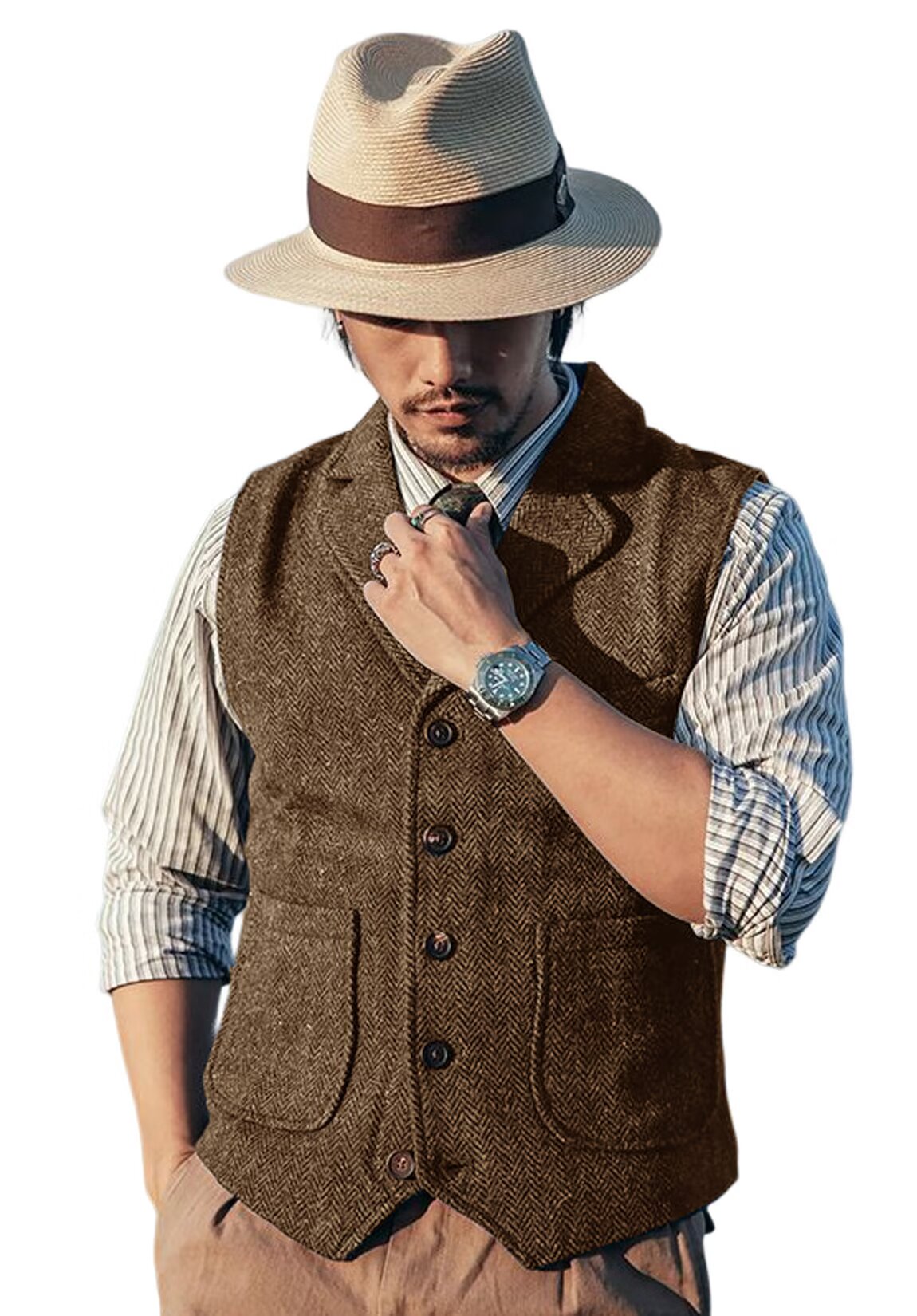 Men's khaki tweed vest