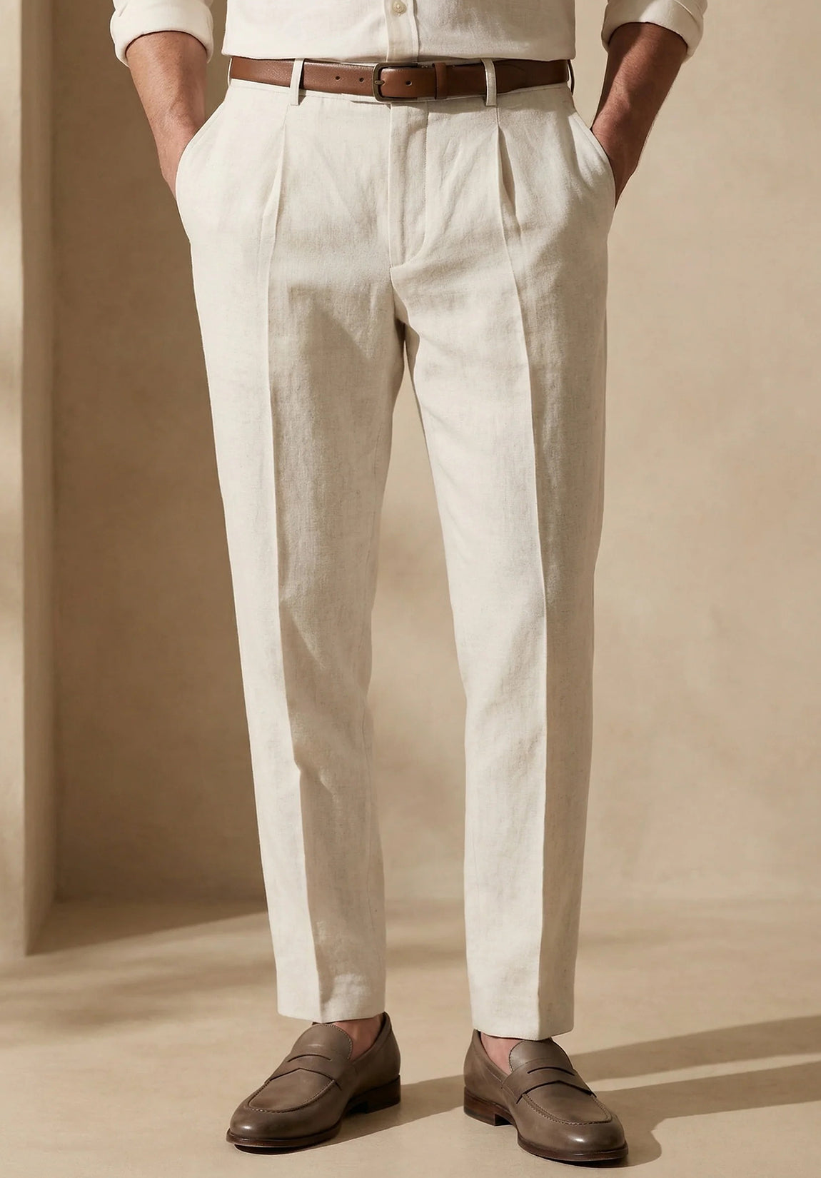 men beige pants slim fit front view modern business outfit