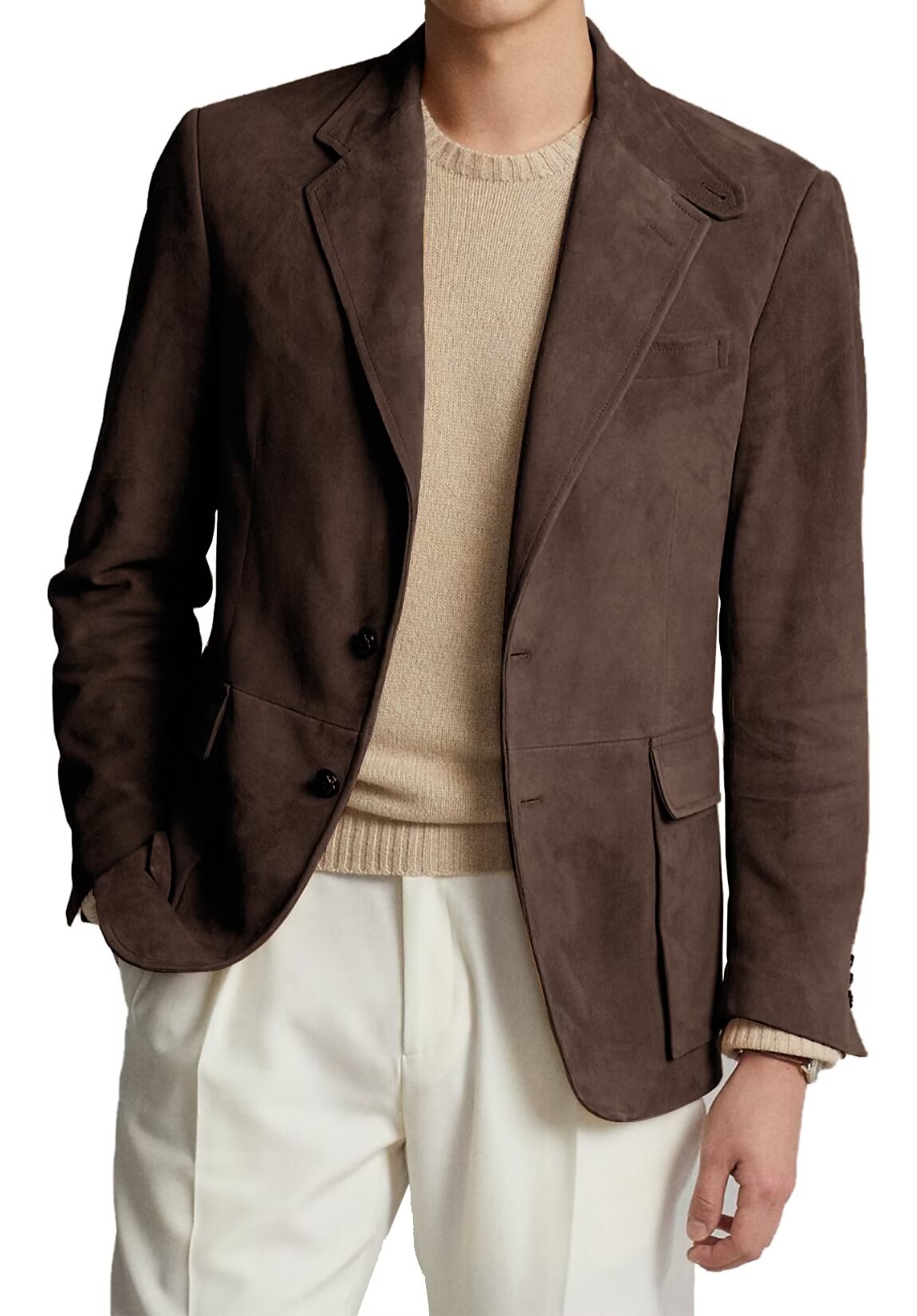 Front view of men's suede blazer in brown