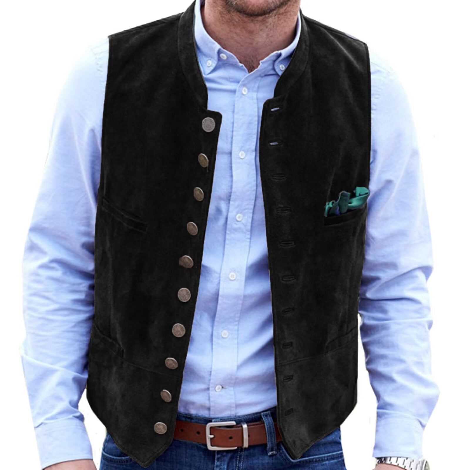 Men's black suede vest with button front