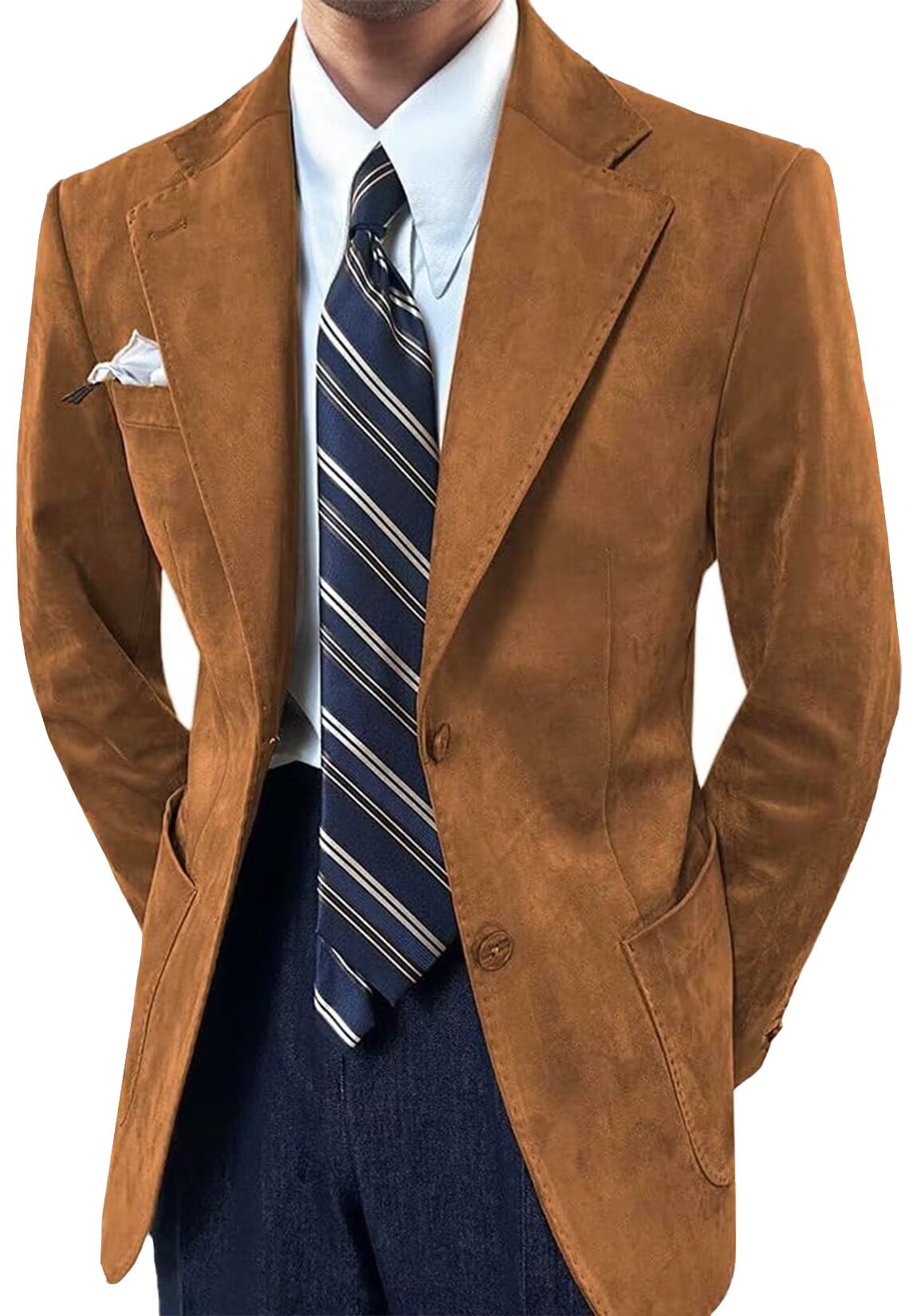Front view of men's suede blazer in khaki