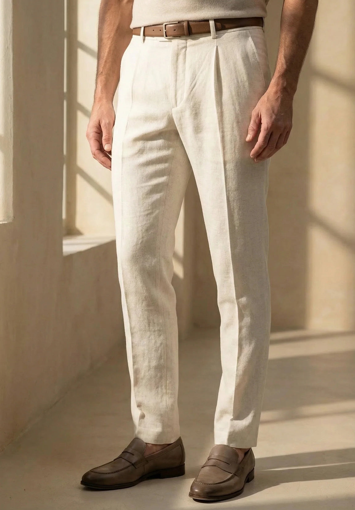 men beige pants slim fit angled front view tailored fit