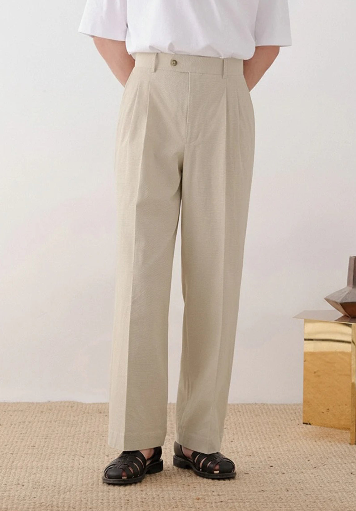 Men's Khaki Linen Pants with Brown Loafers