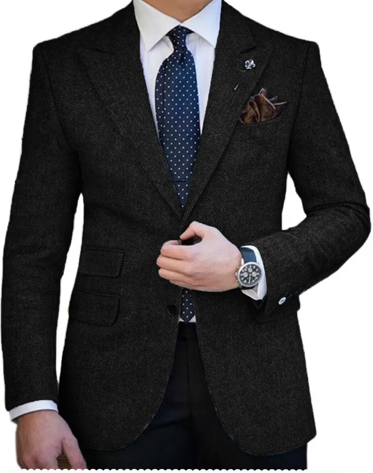 Front view of men's tweed blazer in black color