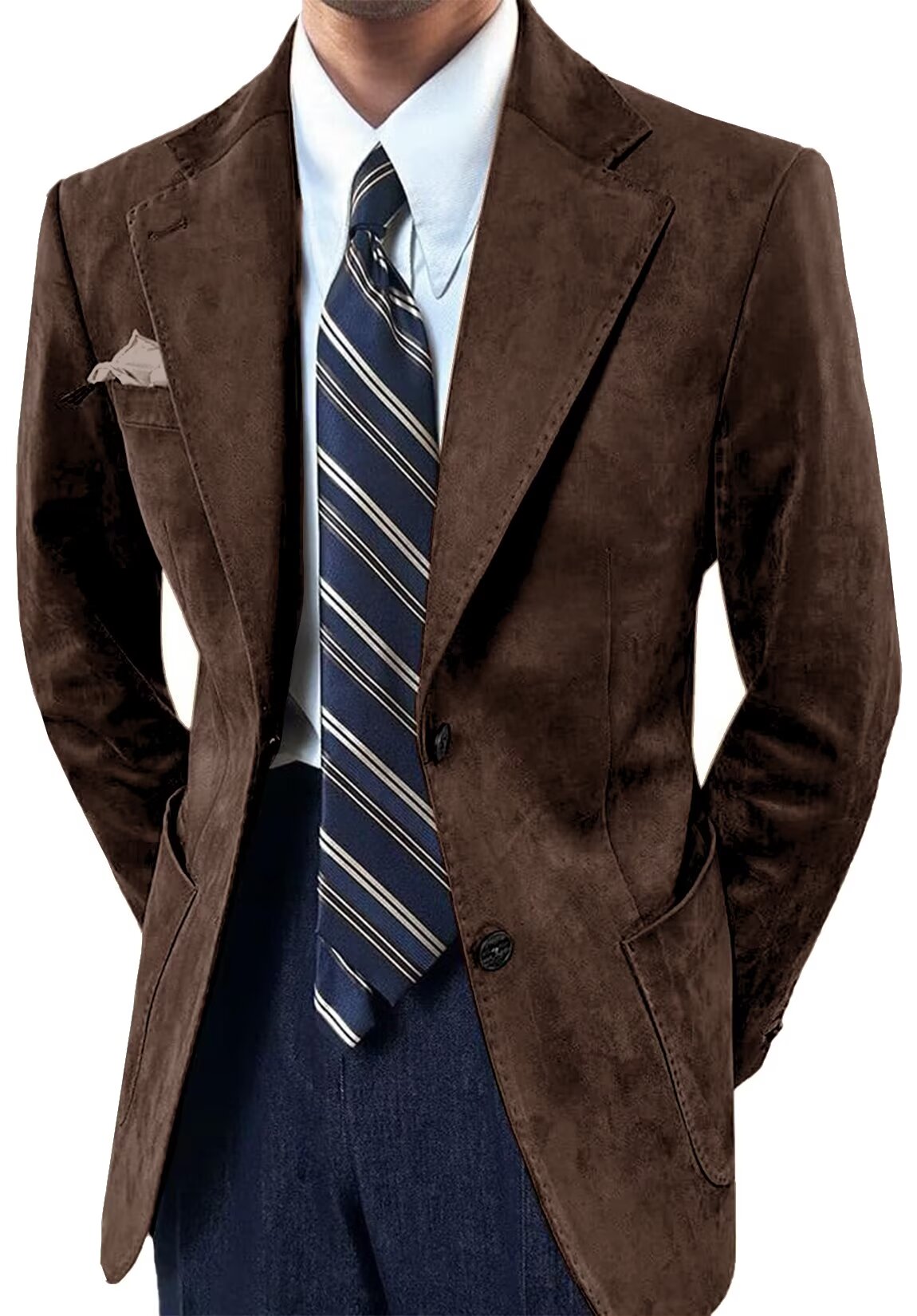 Front view of men's suede blazer in brown