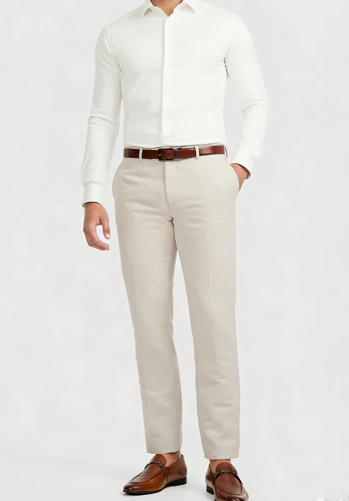 men beige dress pants slim fit front view modern business outfit