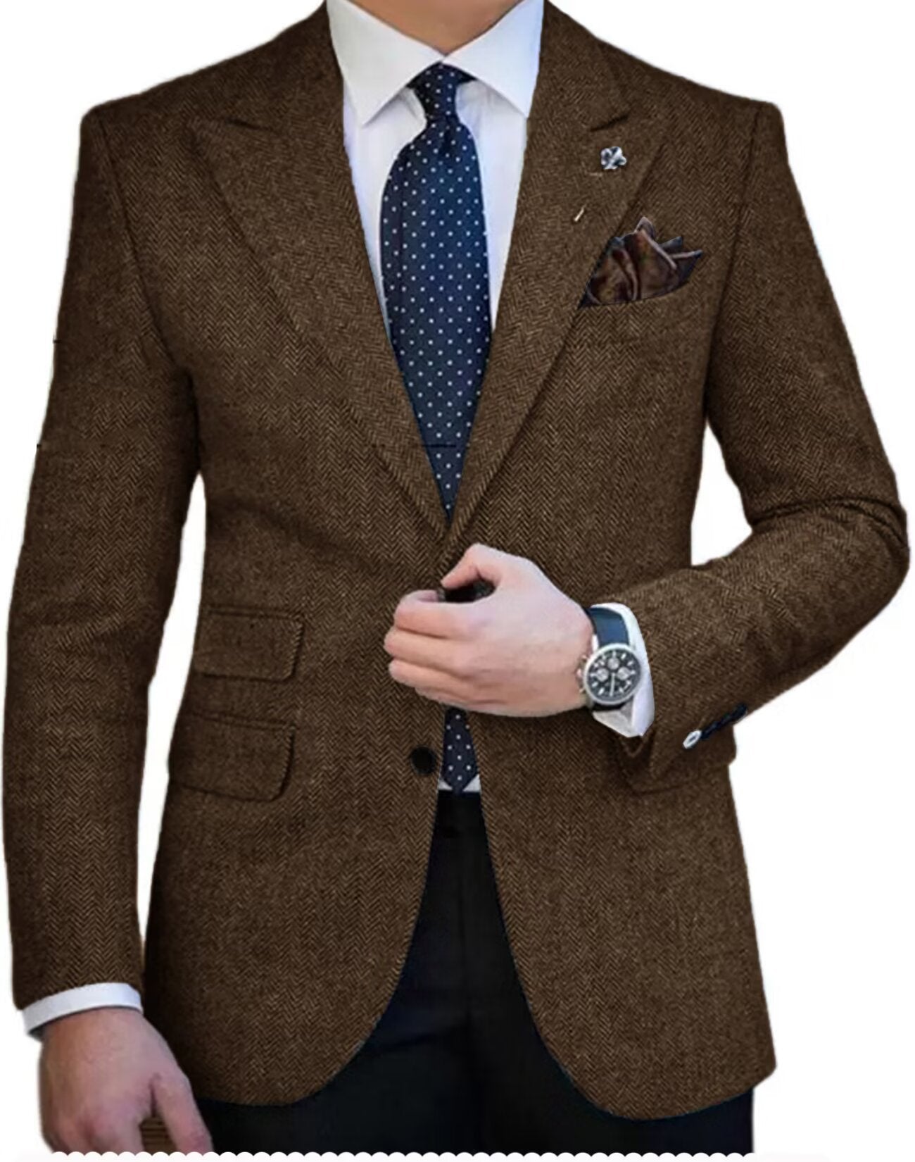Front view of men's tweed blazer in brown color