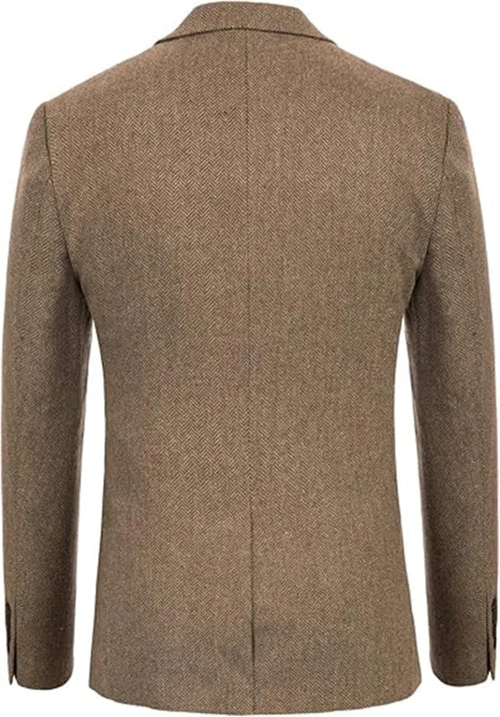 Men's herringbone tweed blazer, black wool-blend fabric classic-fit side profile with tailored fit