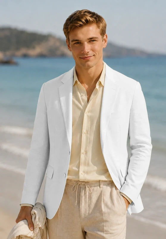 Men's linen sport coat, white linen fabric classic-fit close-up fabric and pocket detail