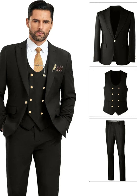 Black Men's Suit Double Breasted Vest with Gold Buttons Detail
