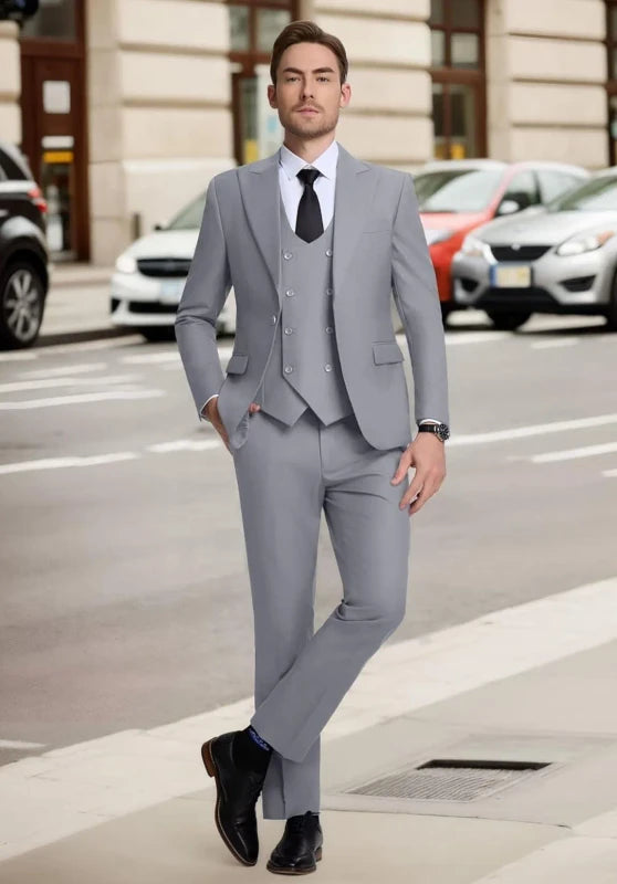 Grey Men's Suit Slim Fit 3 Piece with Double Breasted Vest